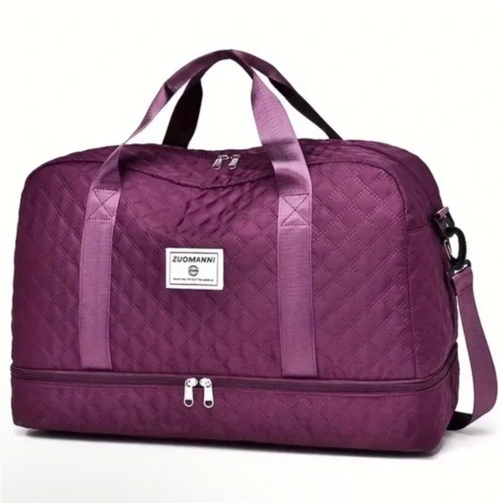 Purple Duffel Bag Quilted Nylon with Luggage Sleeve & Long Strap NWT